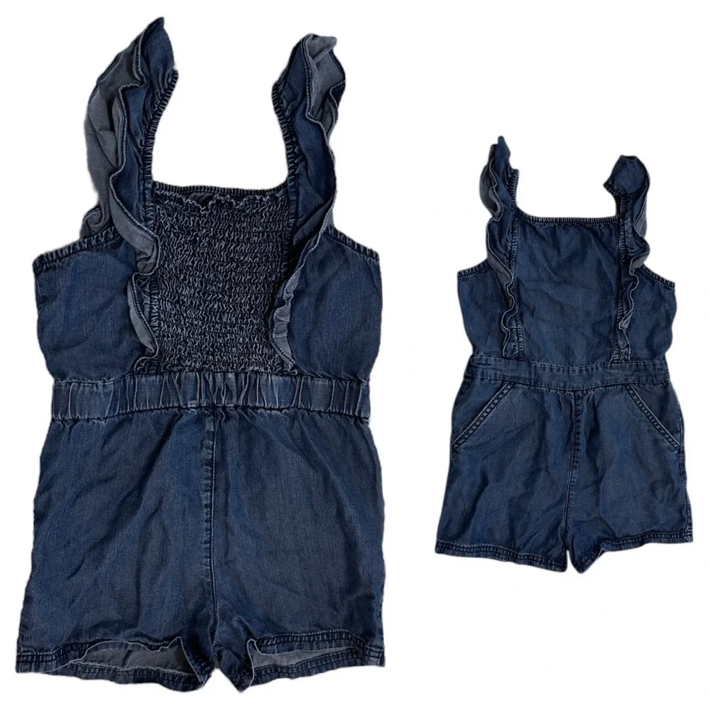 Vintage OshKosh B'gosh Toddler Girl Blue Denim Sleeveless Ruffle Smocked Romper